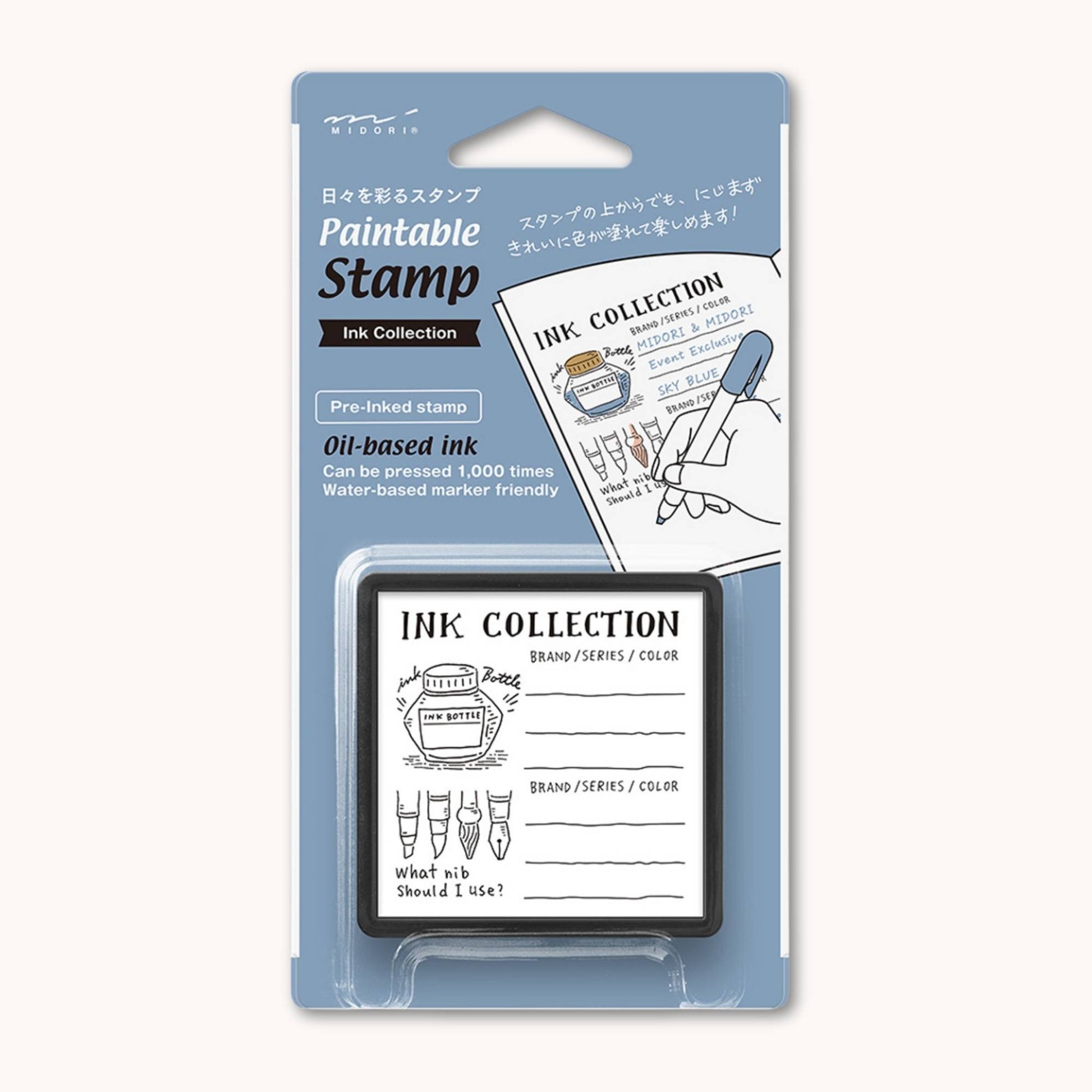 Midori pre-inked ink collection stamp with layout for tracking fountain pen inks, nibs and colours, black ink design, Japanese stationery