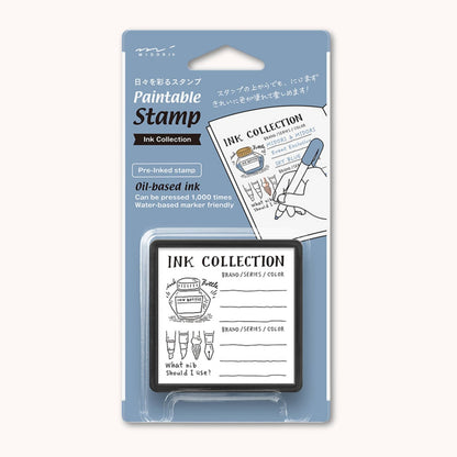 Midori pre-inked ink collection stamp with layout for tracking fountain pen inks, nibs and colours, black ink design, Japanese stationery