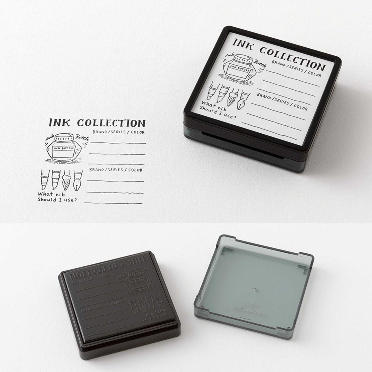 Midori pre-inked ink collection stamp with layout for tracking fountain pen inks, nibs and colours, black ink design, Japanese stationery