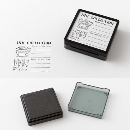 Midori pre-inked ink collection stamp with layout for tracking fountain pen inks, nibs and colours, black ink design, Japanese stationery