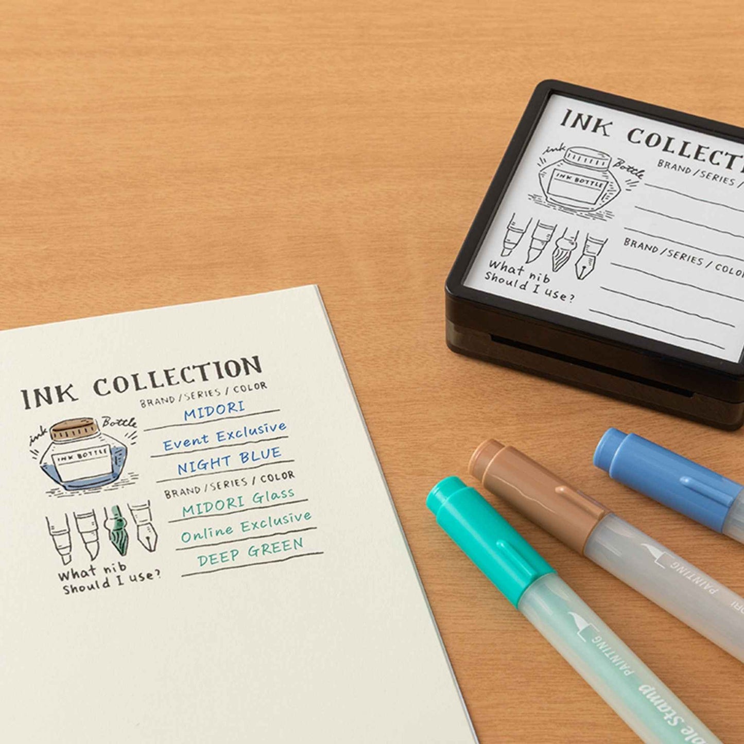 Midori pre-inked ink collection stamp with layout for tracking fountain pen inks, nibs and colours, black ink design, Japanese stationery