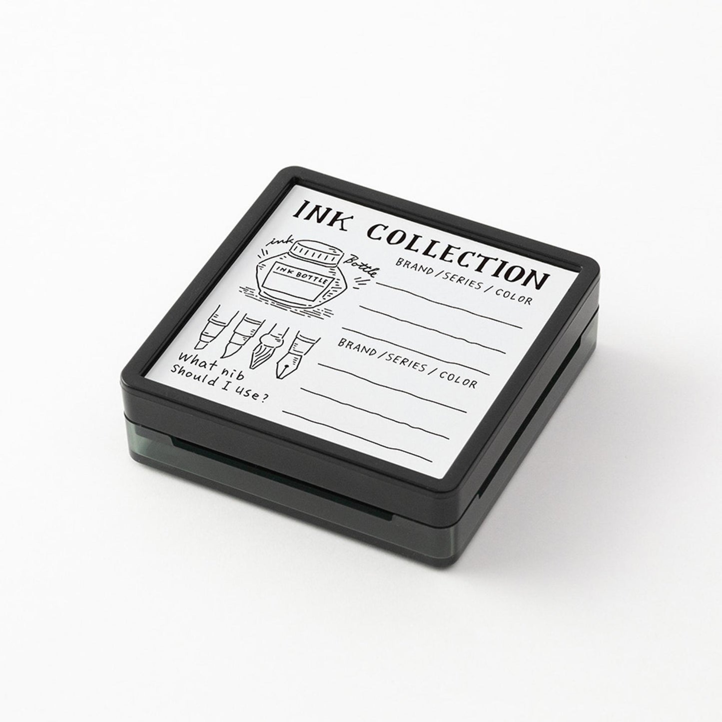 Midori pre-inked ink collection stamp with layout for tracking fountain pen inks, nibs and colours, black ink design, Japanese stationery