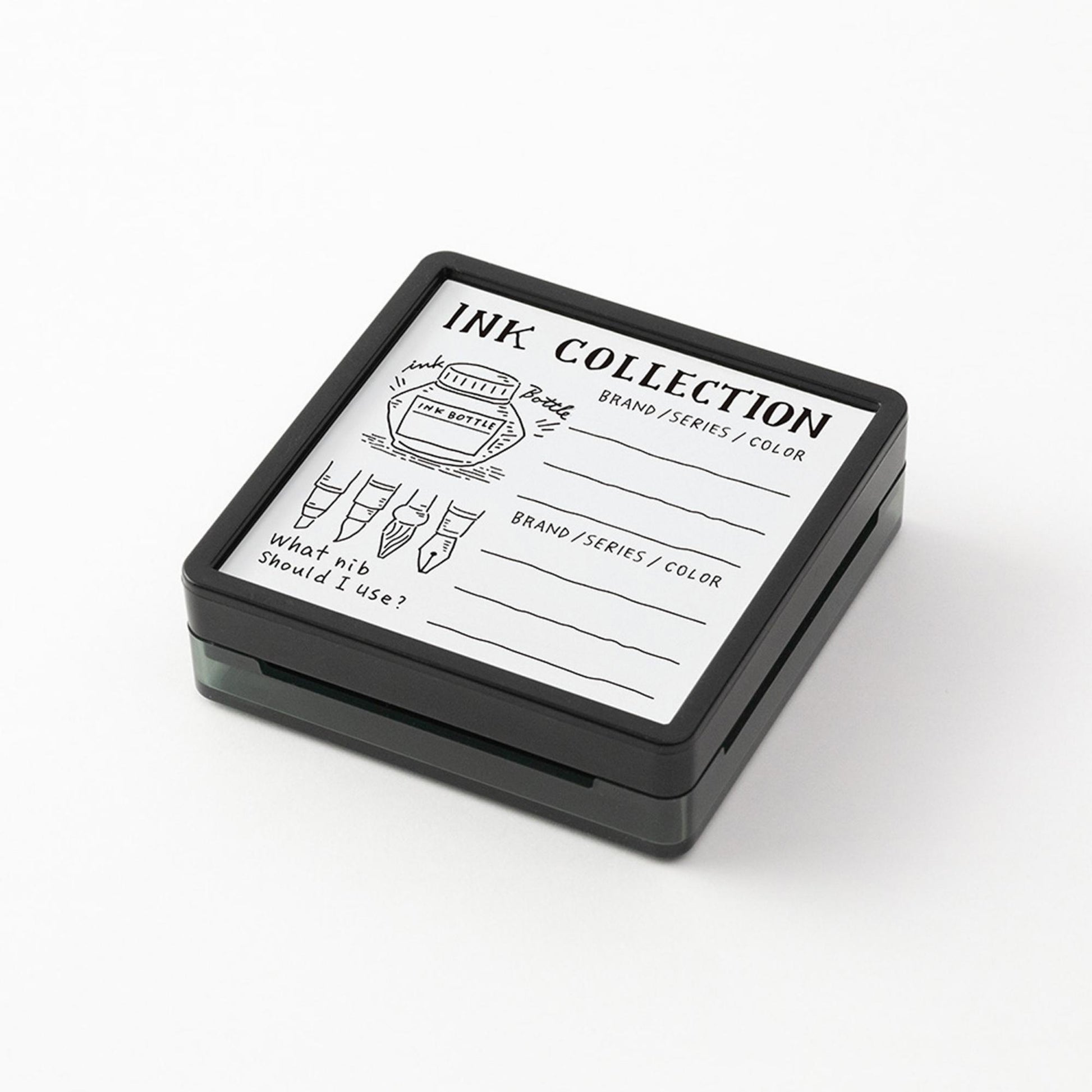 Midori pre-inked ink collection stamp with layout for tracking fountain pen inks, nibs and colours, black ink design, Japanese stationery