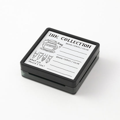 Midori pre-inked ink collection stamp with layout for tracking fountain pen inks, nibs and colours, black ink design, Japanese stationery