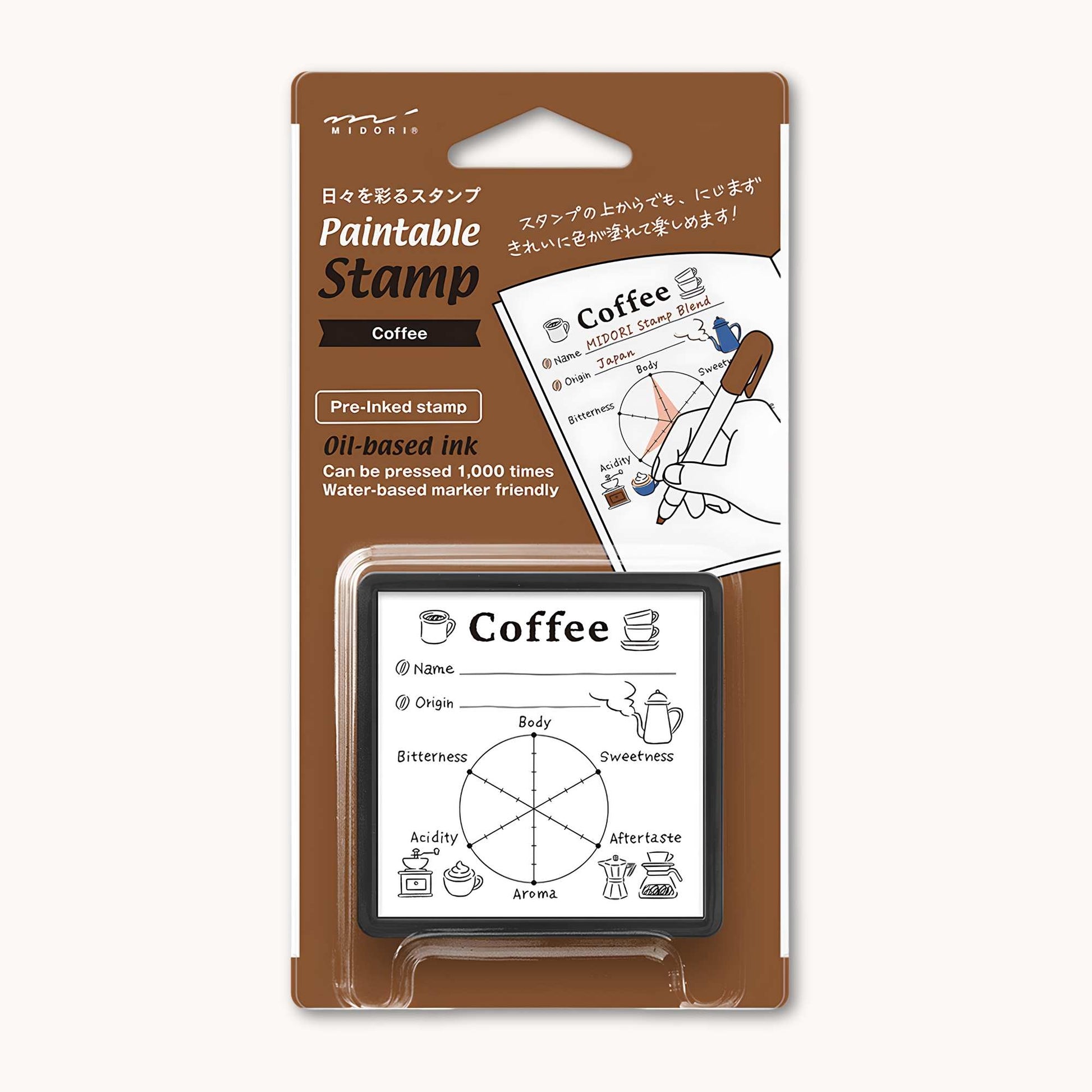 Midori Pre-Inked Paintable Stamp – Coffee Log self-inking stamp for recording coffee tastings