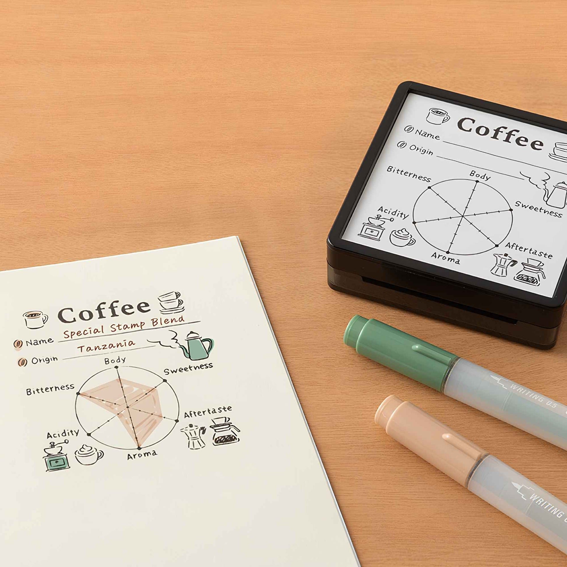 Midori Pre-Inked Paintable Stamp – Coffee Log self-inking stamp for recording coffee tastings