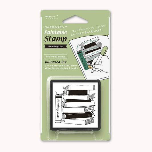 Midori pre-inked reading list stamp with stacked books illustration, black ink design, paintable journal stamp for book tracking
