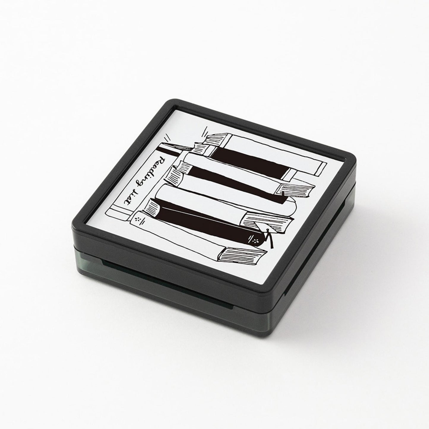 Midori pre-inked reading list stamp with stacked books illustration, black ink design, paintable journal stamp for book tracking