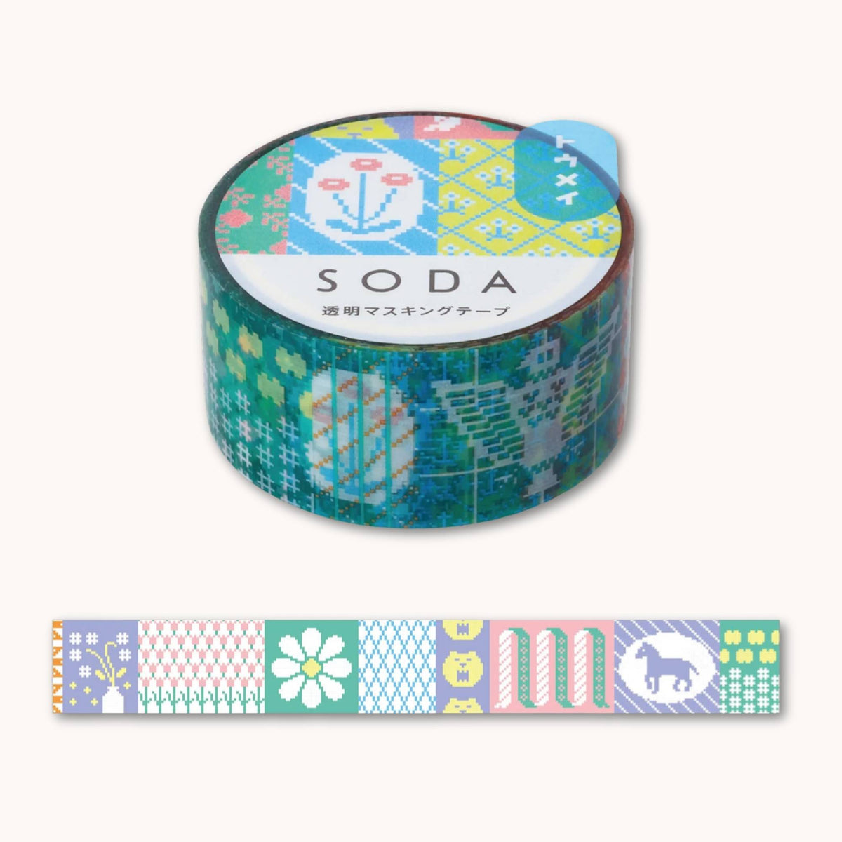 SODA Clear PET Tape – Retro Knit 20mm transparent decorative PET tape with retro-inspired patterns