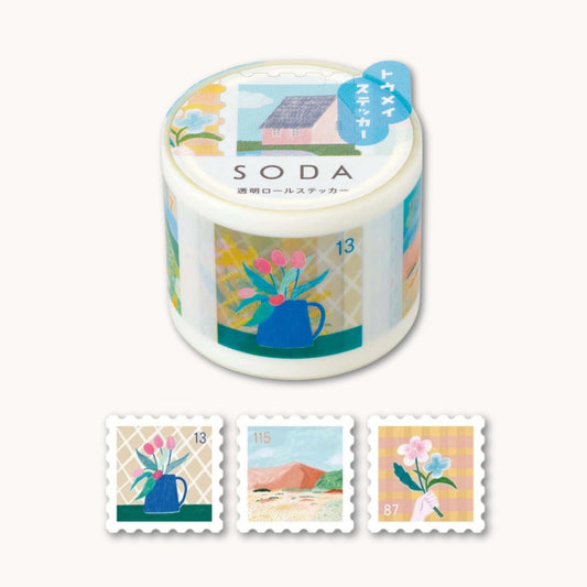 SODA transparent PET tape stickers with illustrated stamp designs