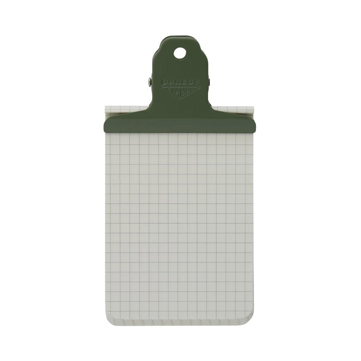 Small green Penco steel Clampy clip holding a grid notepad