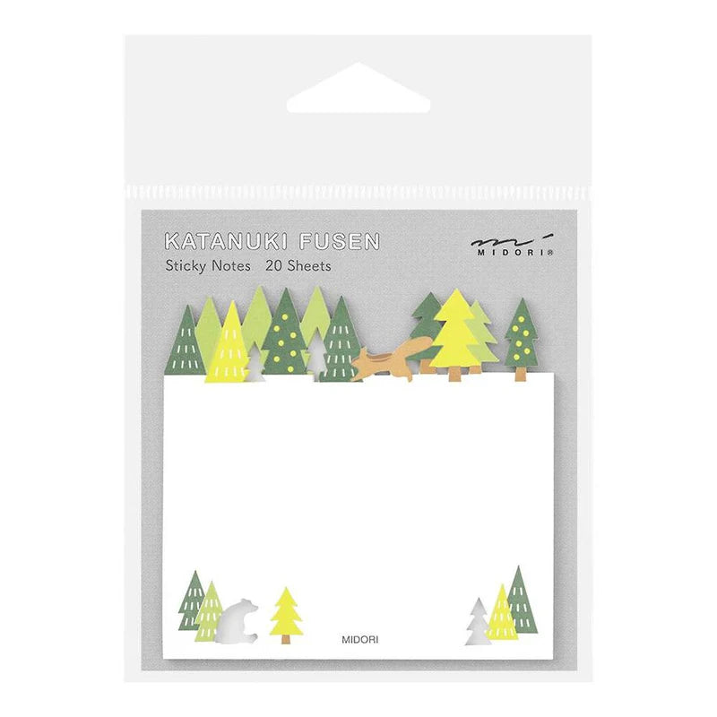 Midori sticky notes featuring a forest scene with a die-cut tree line, squirrel, and bear