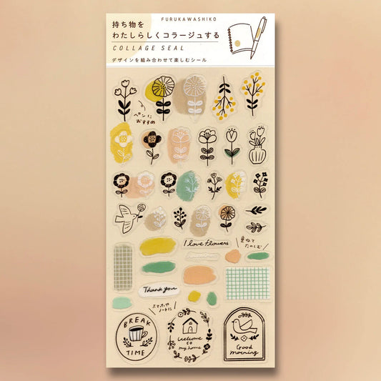 Furukawashiko Collage Seal Stickers - Floral sheet featuring pink and yellow flower designs on clear PET material