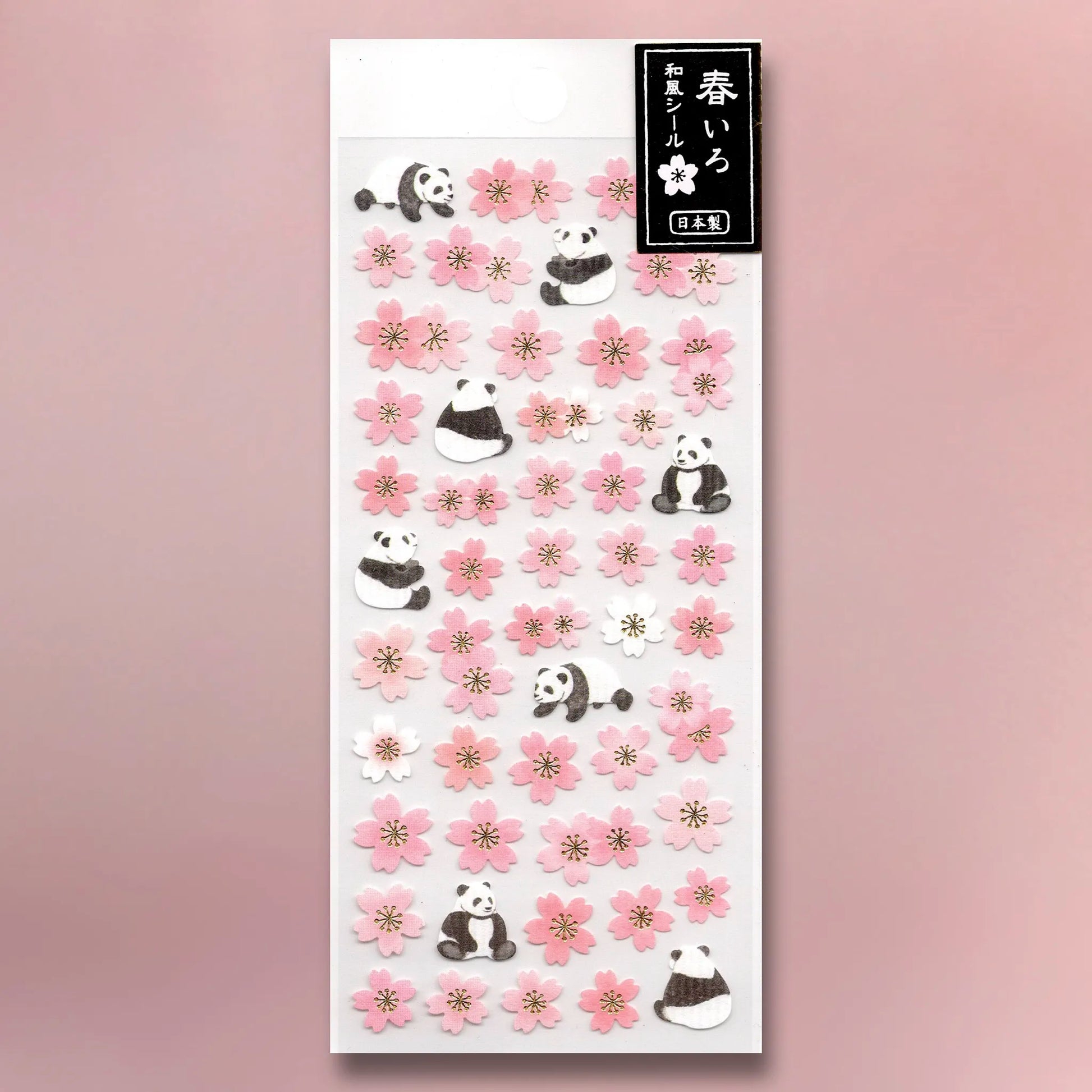 Active Corporation Japanese Style Spring Stickers - Panda (ST-583h) sheet featuring cherry blossoms and panda illustrations with gold foil accents