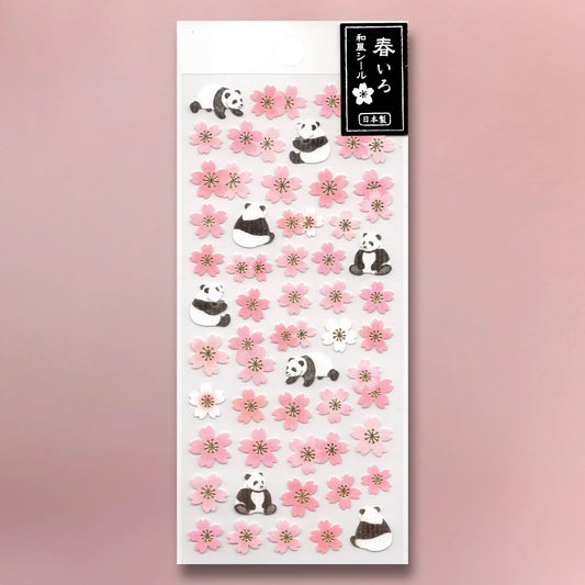Active Corporation Japanese Style Spring Stickers - Panda (ST-583h) sheet featuring cherry blossoms and panda illustrations with gold foil accents