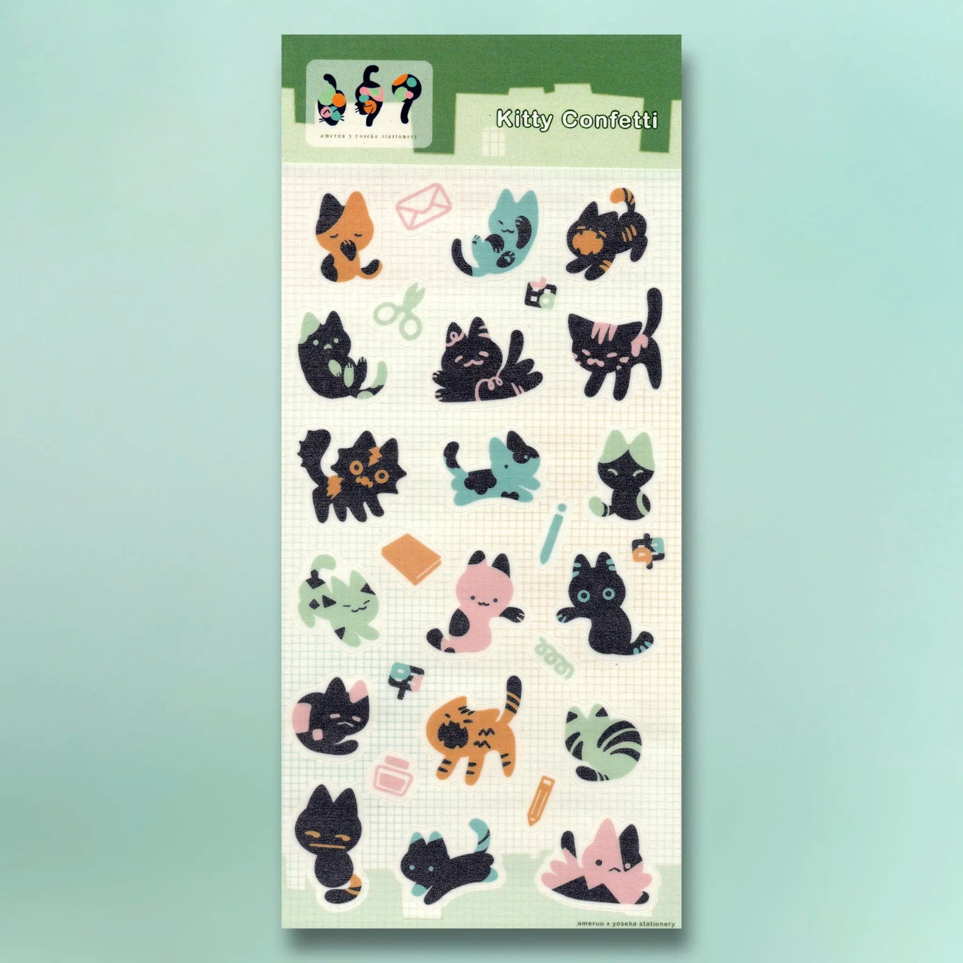 ameruu x Yoseka Stationery Sticker Sheet - Kitty Confetti featuring cat illustrations
