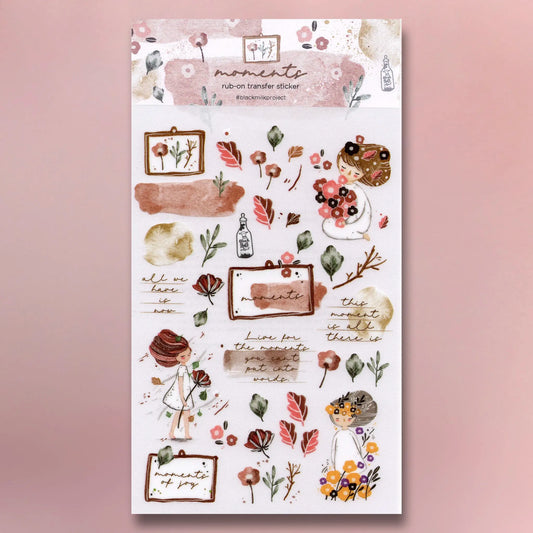 Black Milk Project Rub-on Transfer Stickers - Moments sheet featuring delicate daily life illustration