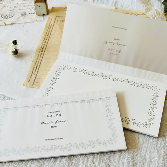 Hütte Paper Works Letterpress Notepad with green floral frame – 20 sheet mini memo pad from Japan