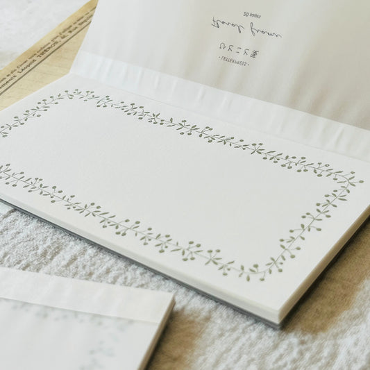 Hütte Paper Works Letterpress Notepad with green floral frame – 20 sheet mini memo pad from Japan