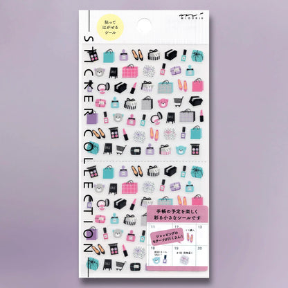 Midori PET sticker sheet with repositionable planner stickers featuring charming shopping-themed illustrations, perfect for journaling and planners.