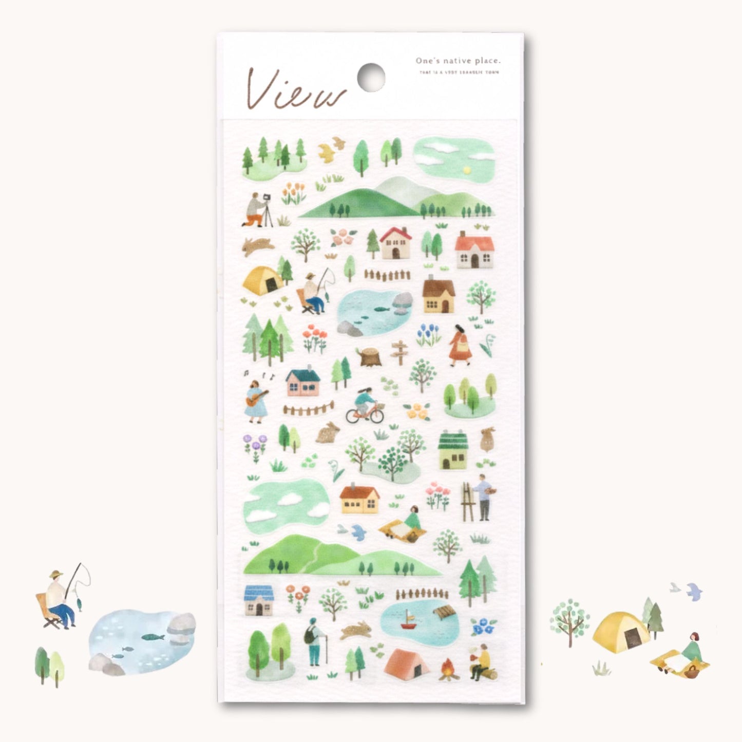 Mind Wave View 7am matte PET sticker sheet with morning landscapes, hills, lakes, trees, cottages, tents, cyclists, and outdoor scenes in soft colours