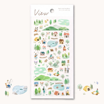 Mind Wave View 7am matte PET sticker sheet with morning landscapes, hills, lakes, trees, cottages, tents, cyclists, and outdoor scenes in soft colours
