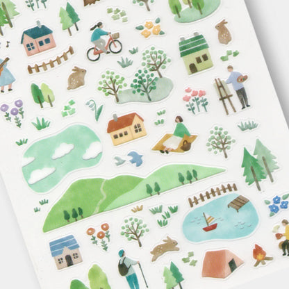 Mind Wave View 7am matte PET sticker sheet with morning landscapes, hills, lakes, trees, cottages, tents, cyclists, and outdoor scenes in soft colours
