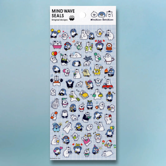 Mind Wave Seal Stickers - Nitchimo Satchimo sheet featuring adorable polar bears, penguins, and seals on clear PET material