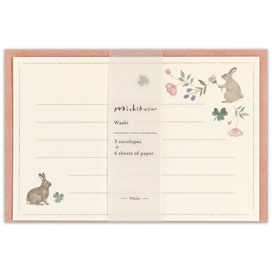 Nuku mini letter set with rabbit and clover motif on soft Japanese paper – Michikusa Petal