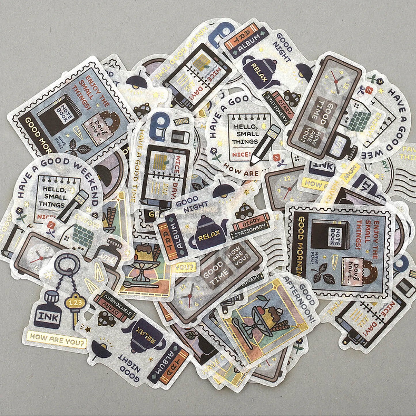 Papier Platz × Eric Small Things Gold Foil Flake Seal – Favorite Things (No. 53-044) featuring gold foil-accented stickers of inspirational phrases, stamps, and postcards