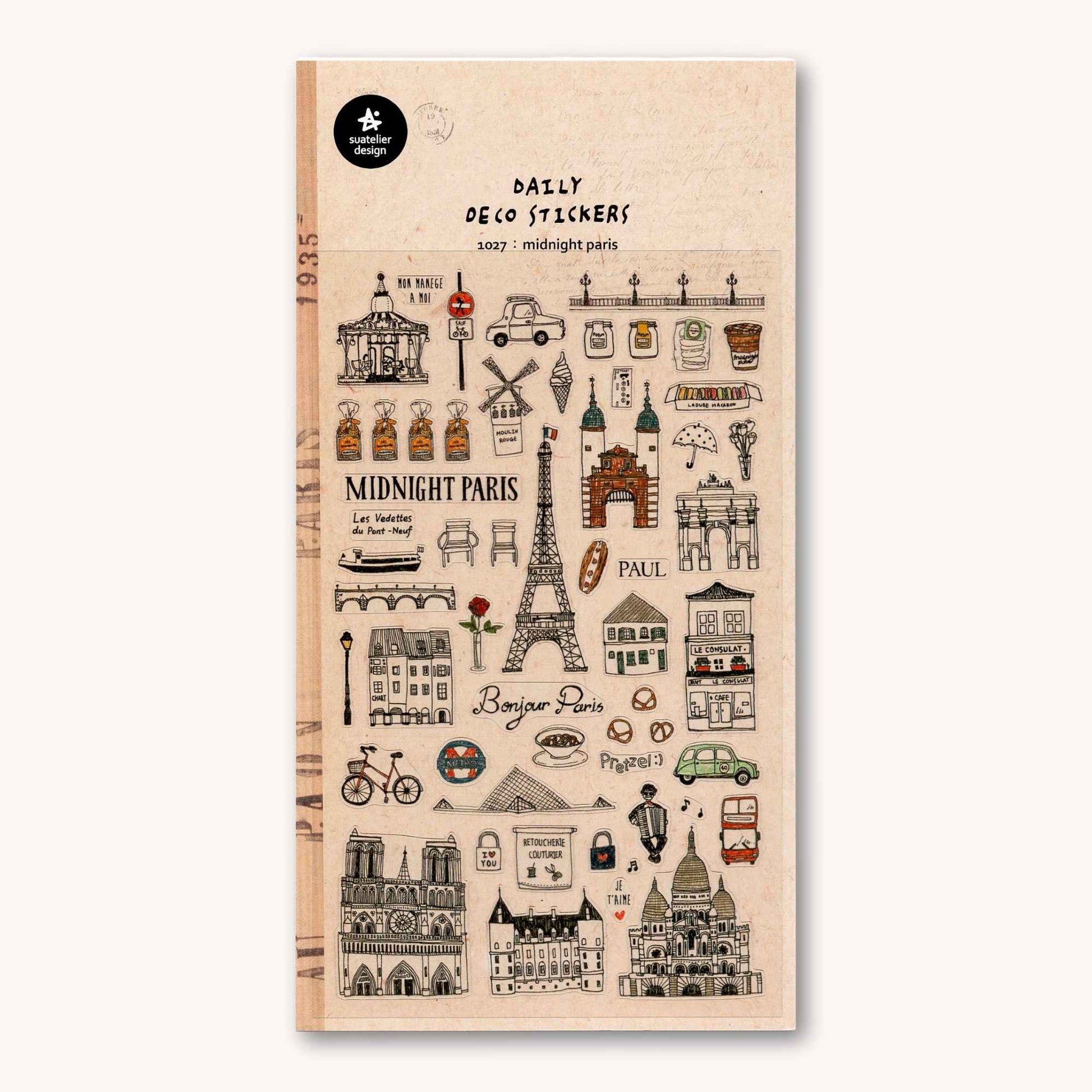 Suatelier Daily Deco Midnight Paris stickers with Eiffel Tower cafes pastries and Paris landmarks