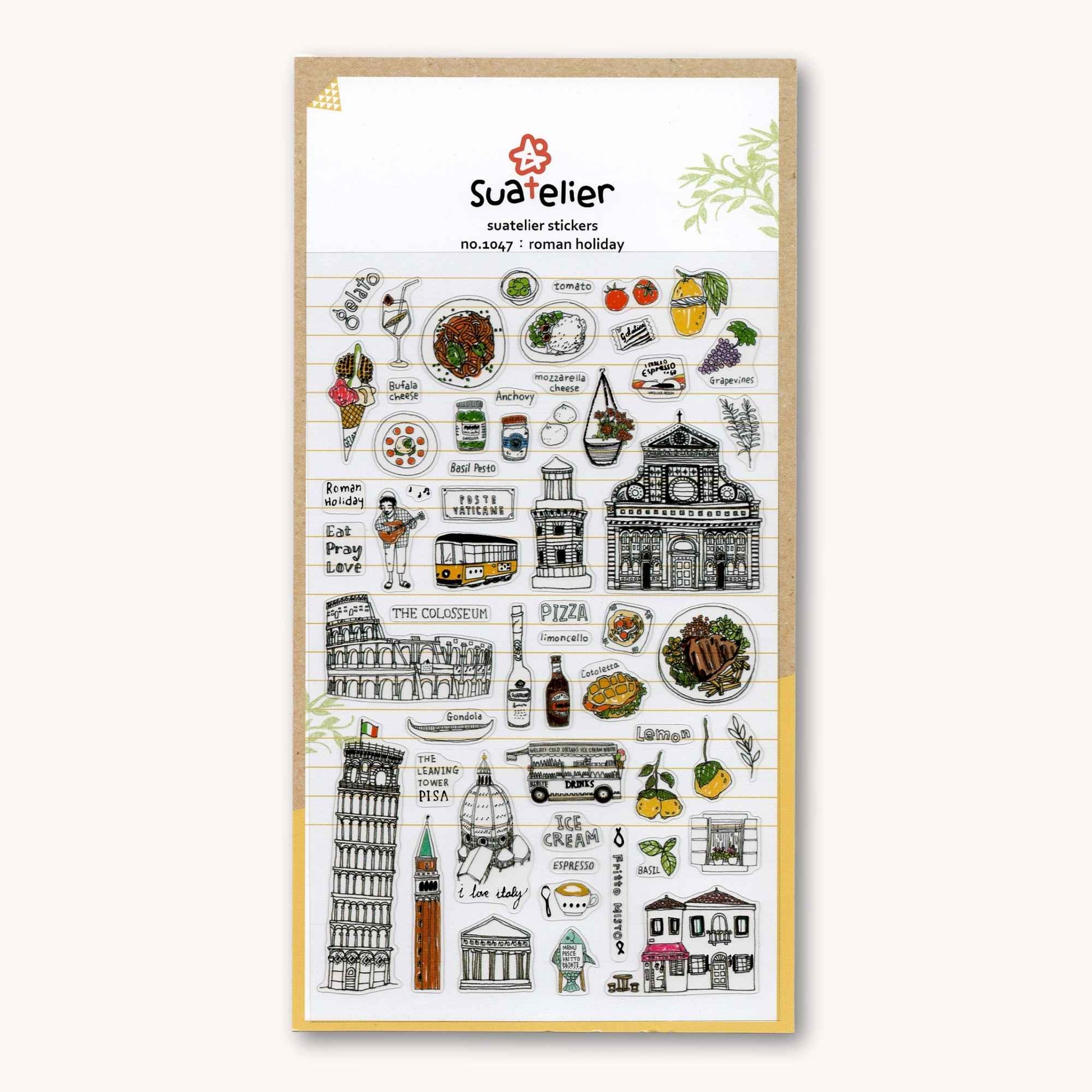 Suatelier Daily Deco Roman Holiday stickers with Colosseum pizza gelato and Italian landmarks
