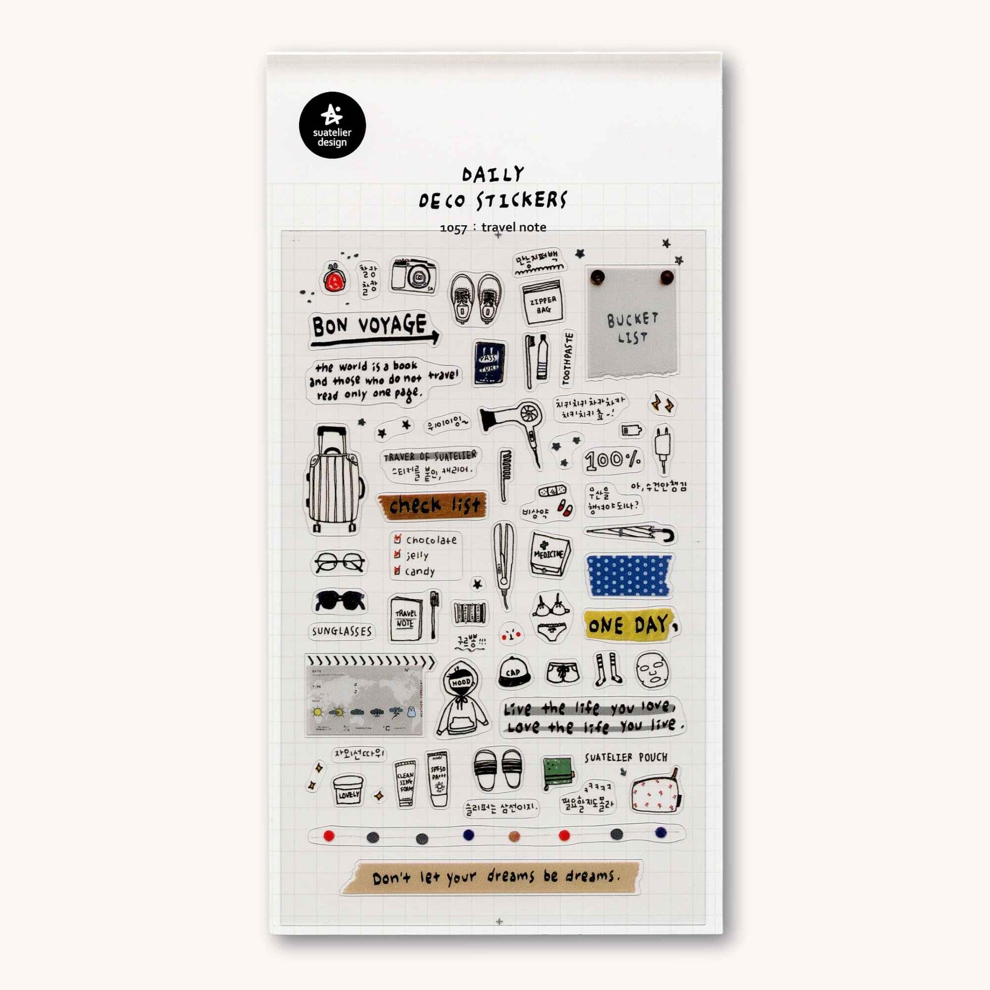 Suatelier Daily Deco Travel Note stickers with suitcase checklist passport and travel essentials illustrations