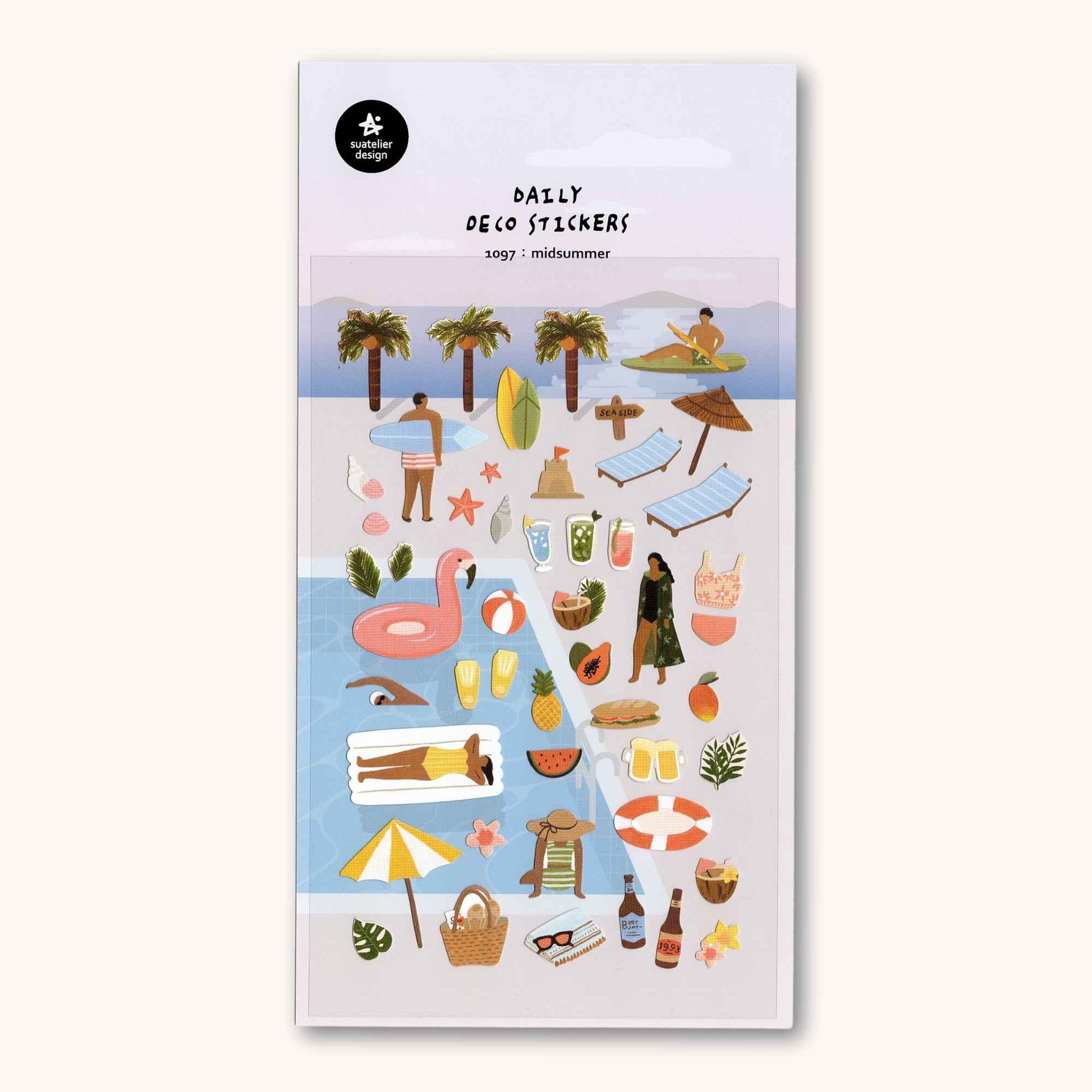 Suatelier Daily Deco Stickers Midsummer featuring palm trees, surfboards, tropical drinks and beach holiday illustrations.