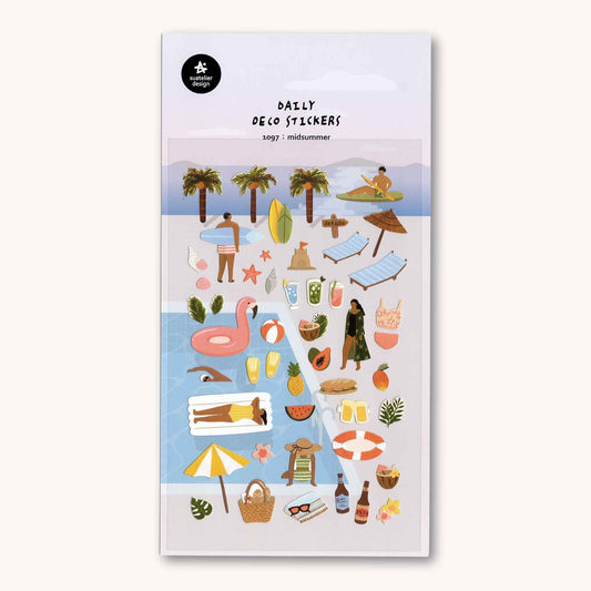 Suatelier Daily Deco Stickers Midsummer featuring palm trees, surfboards, tropical drinks and beach holiday illustrations.
