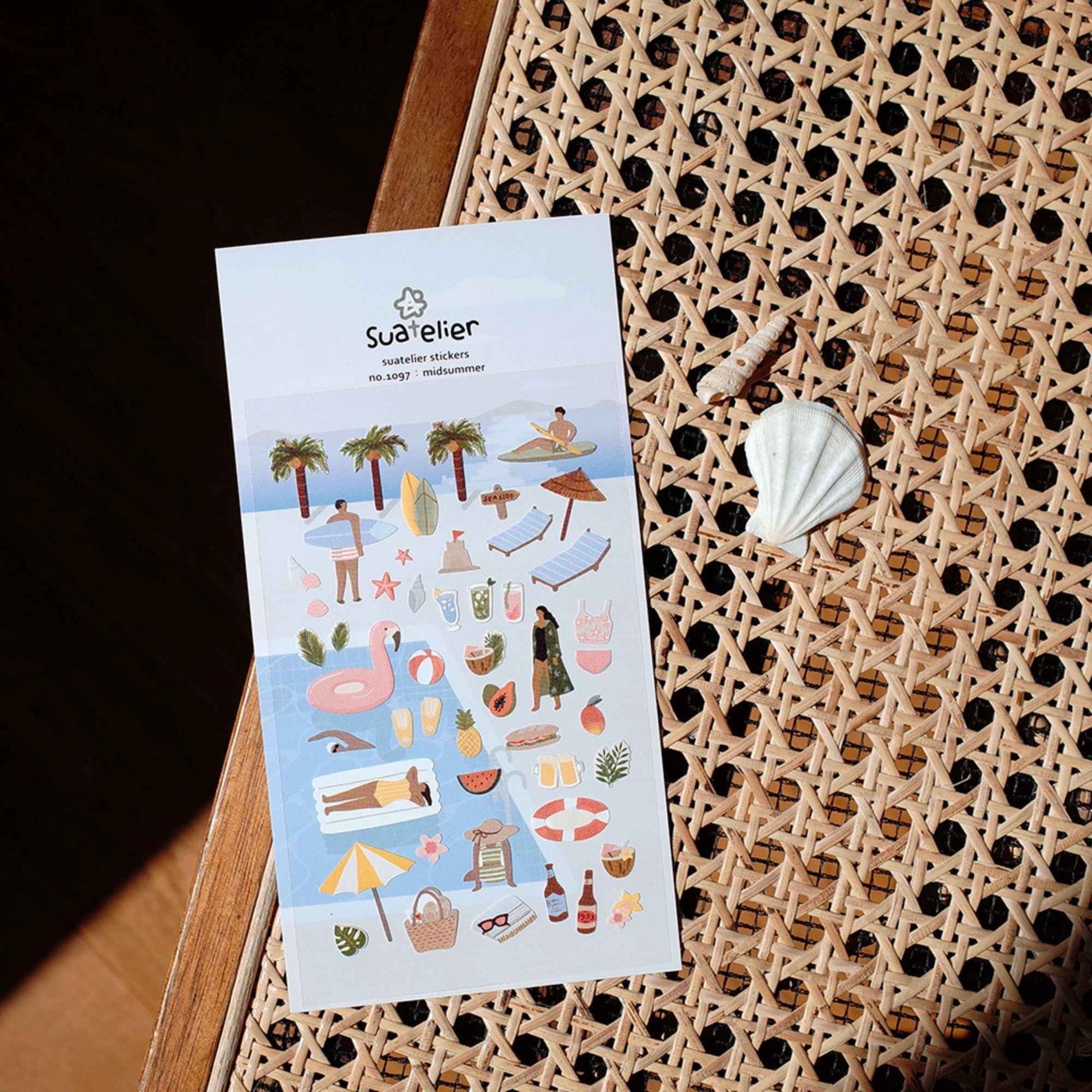 Suatelier Daily Deco Stickers Midsummer featuring palm trees, surfboards, tropical drinks and beach holiday illustrations.