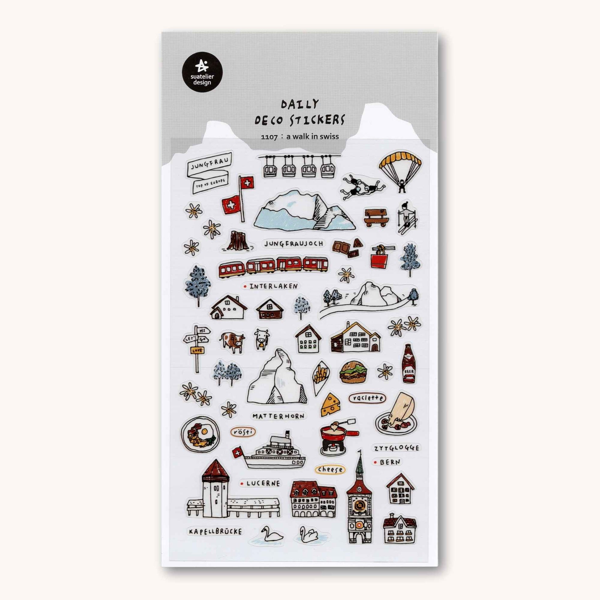 Suatelier Daily Deco A Walk in Swiss stickers with mountains chalets cable cars and Swiss landmarks