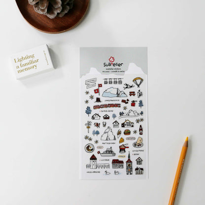 Suatelier Daily Deco A Walk in Swiss stickers with mountains chalets cable cars and Swiss landmarks