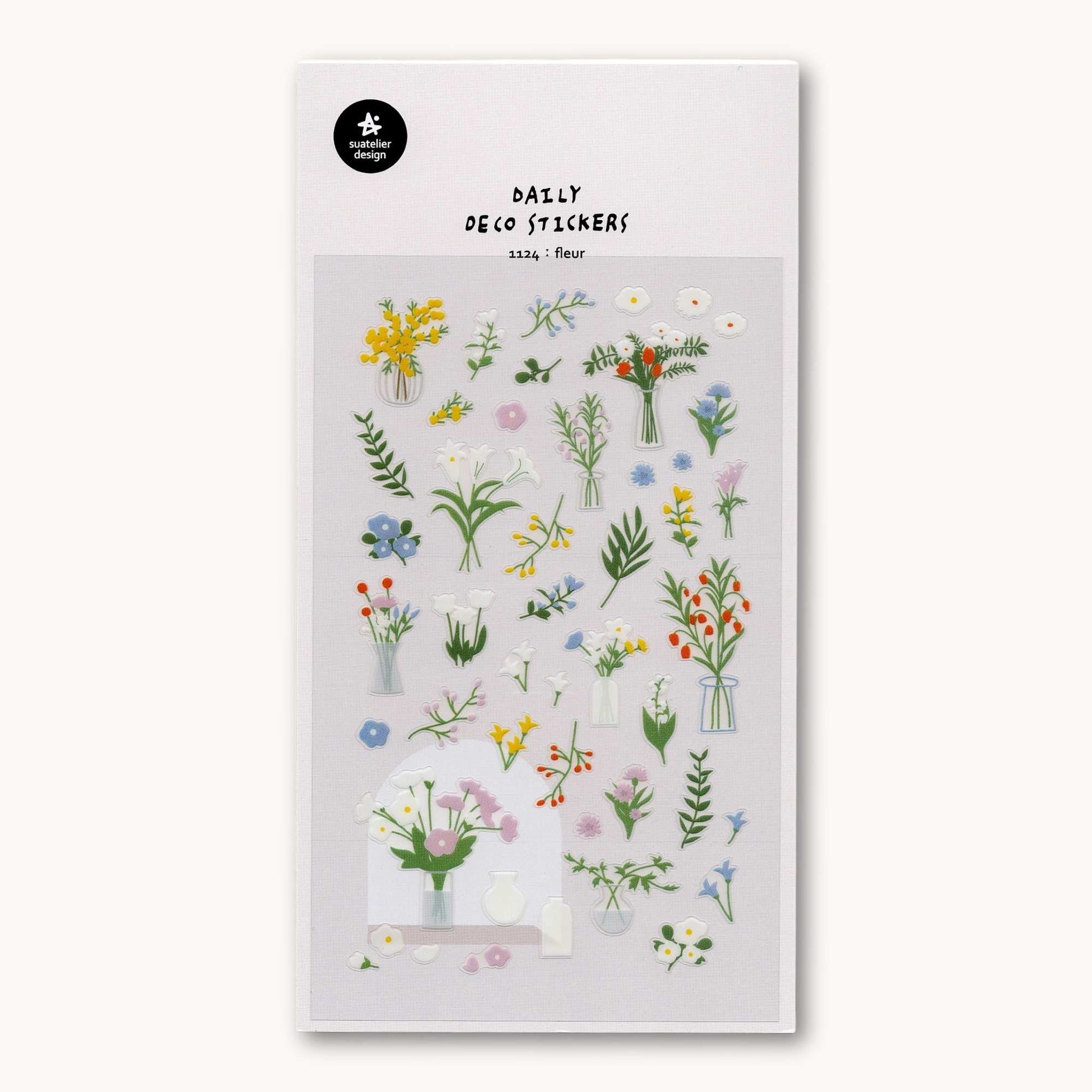 Suatelier Daily Deco Fleur 1124 sticker sheet with illustrated flowers, foliage, and floral arrangements in soft pastel tones
