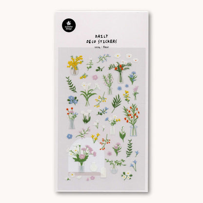 Suatelier Daily Deco Fleur 1124 sticker sheet with illustrated flowers, foliage, and floral arrangements in soft pastel tones