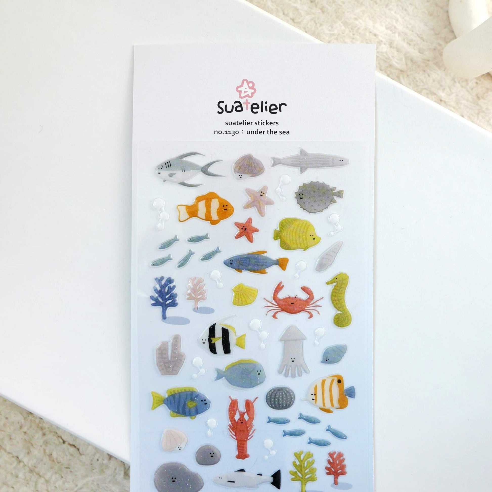 Suatelier Daily Deco Stickers Under the Sea with glossy epoxy fish, starfish, coral, seashells and ocean creatures.