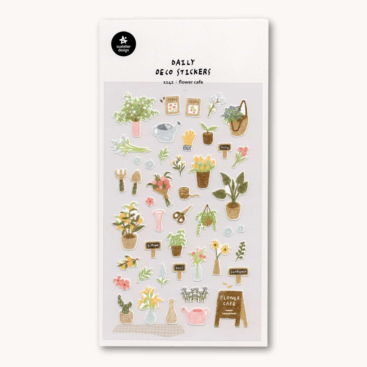 Suatelier Daily Deco 1142 Flower Café sticker sheet with potted plants, flowers, gardening tools, and café-themed illustrations