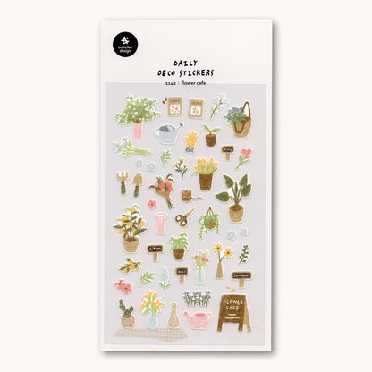 Suatelier Daily Deco 1142 Flower Café sticker sheet with potted plants, flowers, gardening tools, and café-themed illustrations