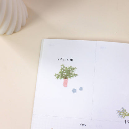 Suatelier Daily Deco 1142 Flower Café sticker sheet with potted plants, flowers, gardening tools, and café-themed illustrations