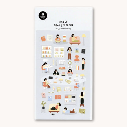 Suatelier Daily Deco Stickers In the Library featuring readers, bookshelves, books and cosy library scenes