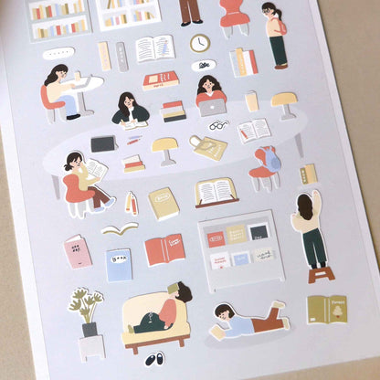 Suatelier Daily Deco Stickers In the Library featuring readers, bookshelves, books and cosy library scenes