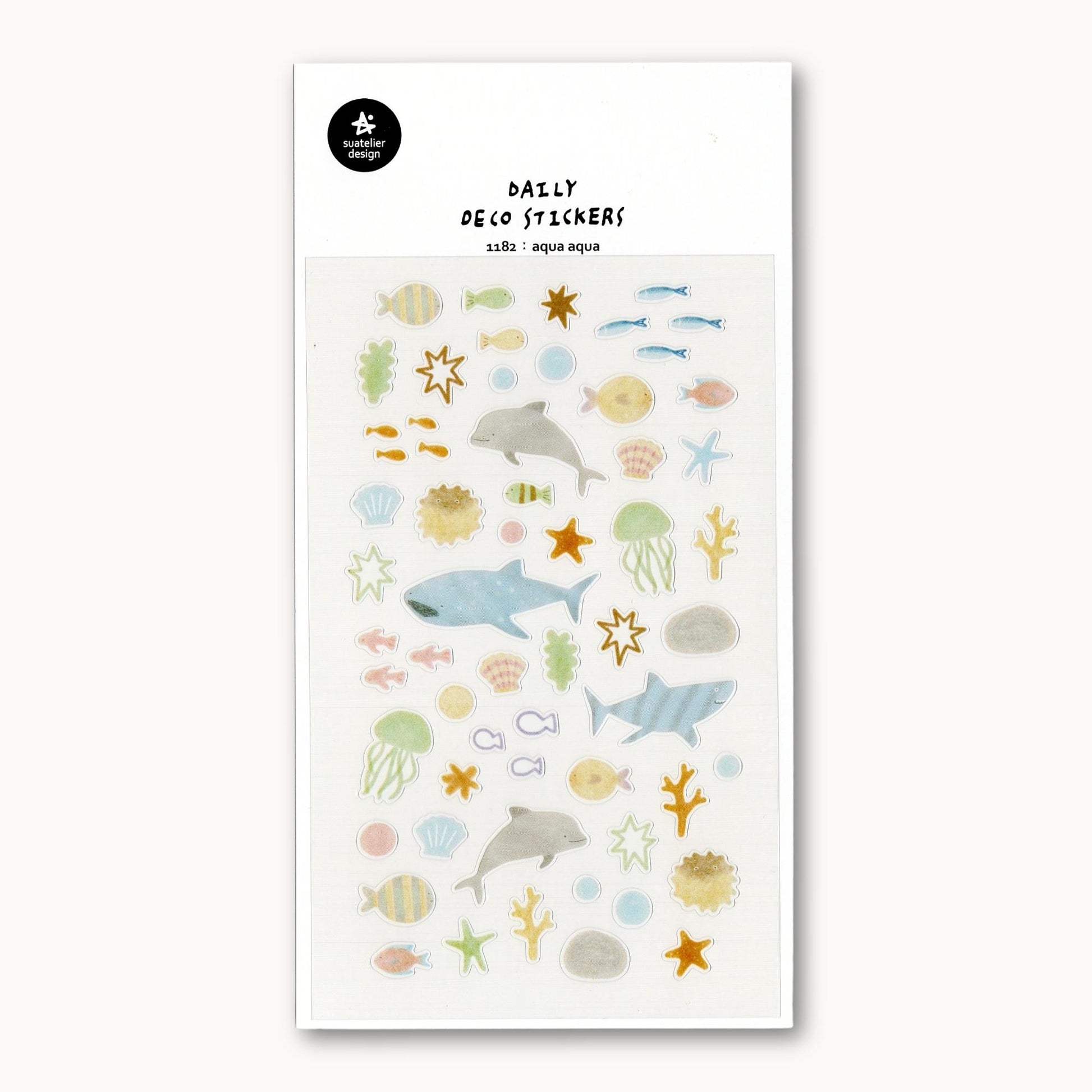 Suatelier Daily Deco Stickers Ocean Life with dolphins, sharks, tropical fish, jellyfish, coral and seashells.