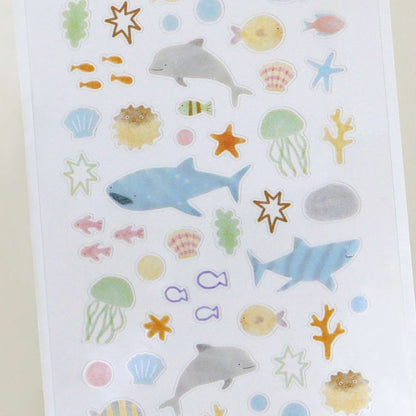 Suatelier Daily Deco Stickers Ocean Life with dolphins, sharks, tropical fish, jellyfish, coral and seashells.