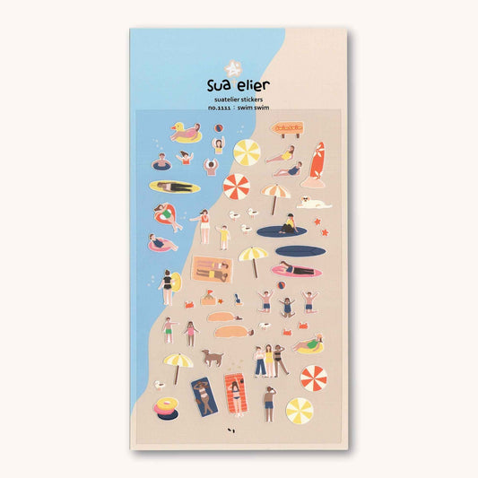 Suatelier Swim Swim sticker sheet featuring beach scenes, swimmers, surfboards, umbrellas and summer holiday illustrations.