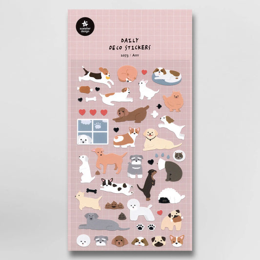 Suatelier Daily Deco Stickers 1073 - Arrr sheet featuring dogs, paw prints, poop, and playful pet-themed icons